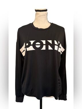 PONY Women’s Black Graphic Long Sleeve Athletic Top Mesh Panels Medium